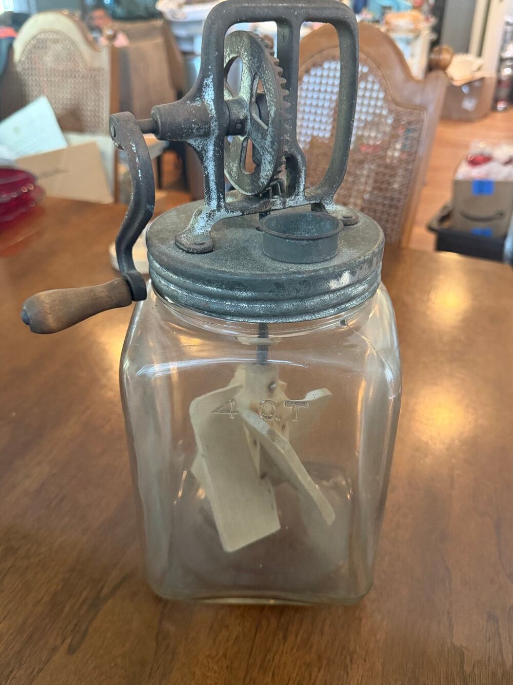 Antique/primitive 4 quart glass and wooden butter churner